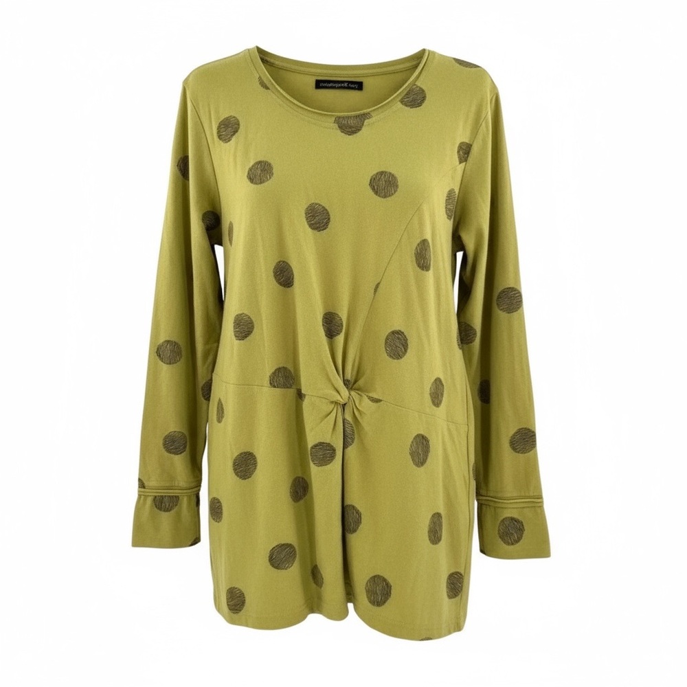 Snapdragon & Twig Olive Green Long Sleeve Dot Print Tunic Top Front Twist Knot